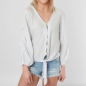 DAYTRIP BUCKLE Button Down Shirt White Blue LINEN Poly Cotton Blend Stripe Small